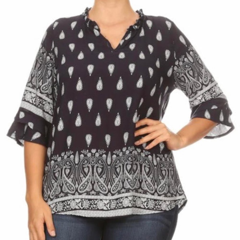 Navy & White Paisley Printed Blouse